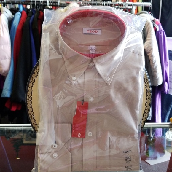 Nwt izod men tan button shirt sz 15-15.5 32/33in - Picture 2 of 5